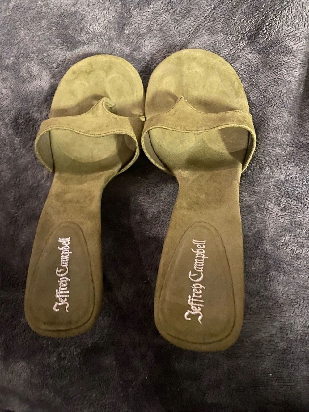 Jeffrey Campbell Olive Green Suede Slide Sandals with Bamboo-Style Heel - Picture 2 of 4